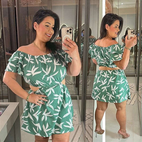 Macaquinho Gabi Verde Estampado Plus Size