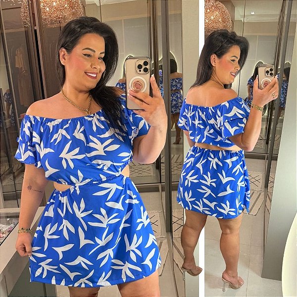 Macaquinho Gabi Azul Estampado Plus Size