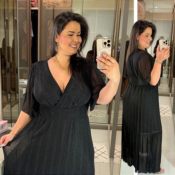 Vestido Tule Cruzado Preto Brilho Plus Size
