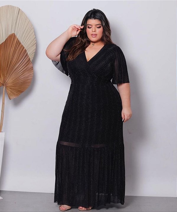 Vestido Tule Cruzado Preto Brilho Plus Size
