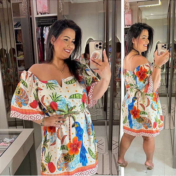 Vestido Giovana Branco e laranja Plus Size