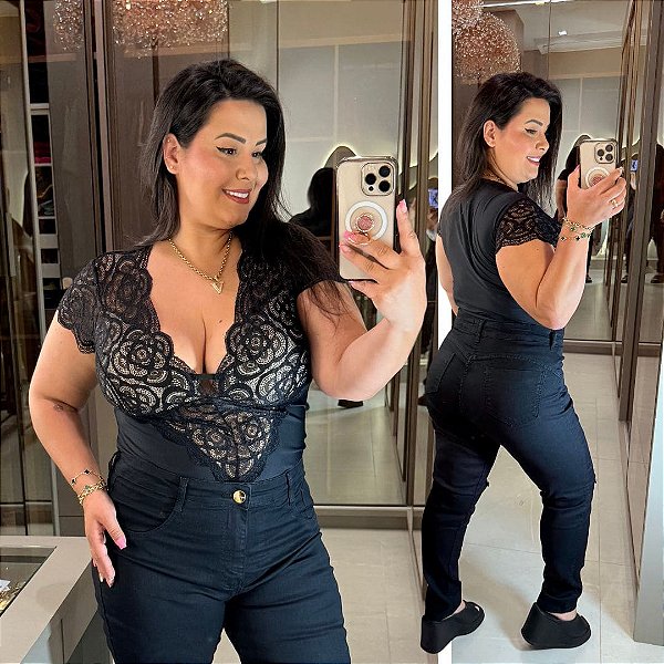 Body Renda Manga Preto e Bege Plus Size