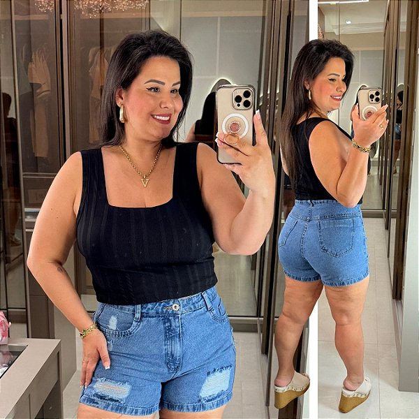 Regata Alça Larga Ribana Preto Plus Size