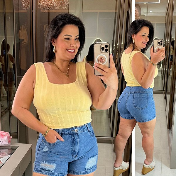Regata Alça Larga Ribana Amarelo Plus Size