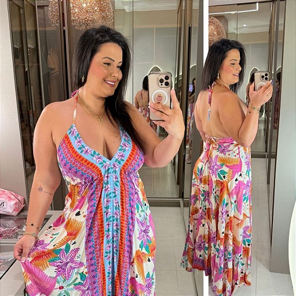 Vestido Lenço Adrieli Tropical Roxo Plus Size