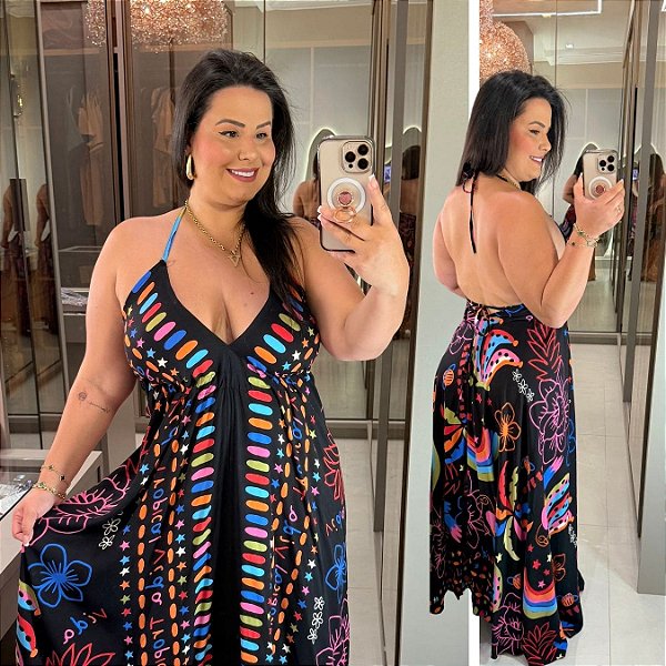 Vestido Lenço Adrieli Tropical Preto Plus Size