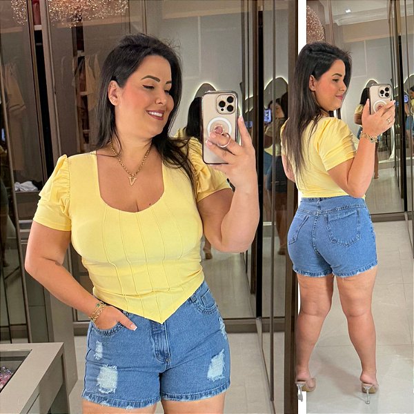 Blusa Corselet Manga Amarelo Plus Size