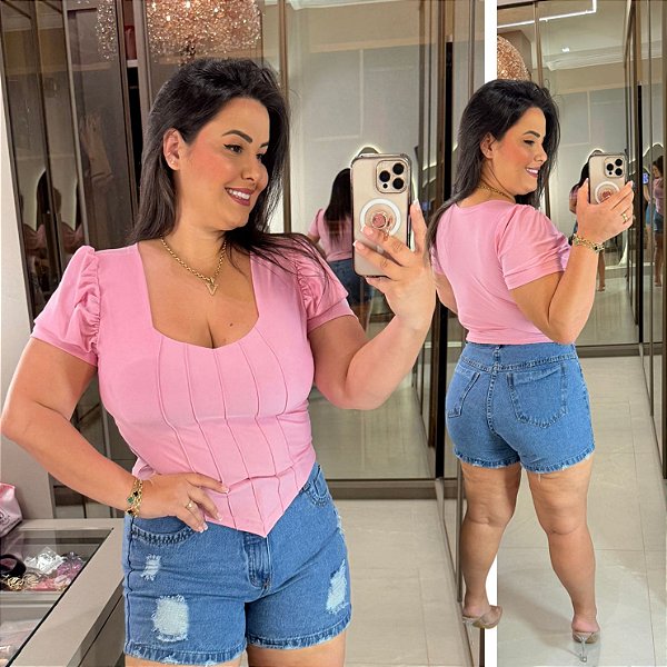 Blusa Corselet Manga Rosa BB Plus Size