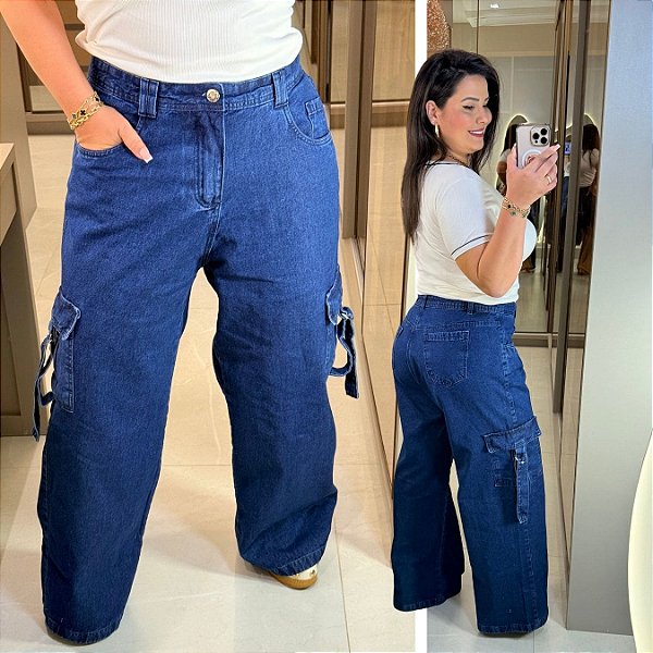 Calça jeans FF Isabela Cargo Wide Leg Plus Size