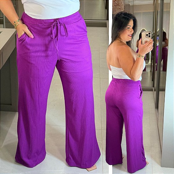 Calça Pantalona Canelada Veronica Fúcsia Plus Size