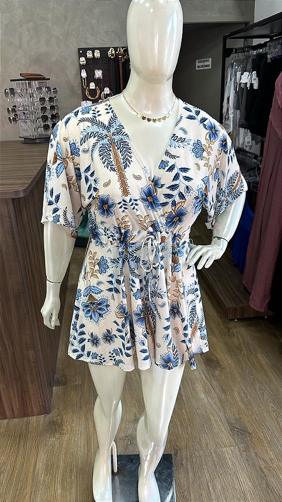 Macaquinho Nina Floral Azul Plus Size