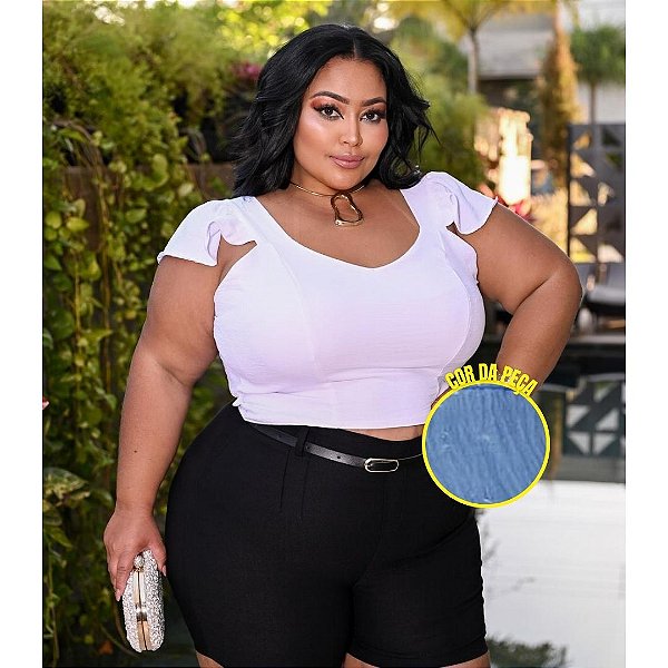 Cropped Alça Babado Azul BB Plus Size