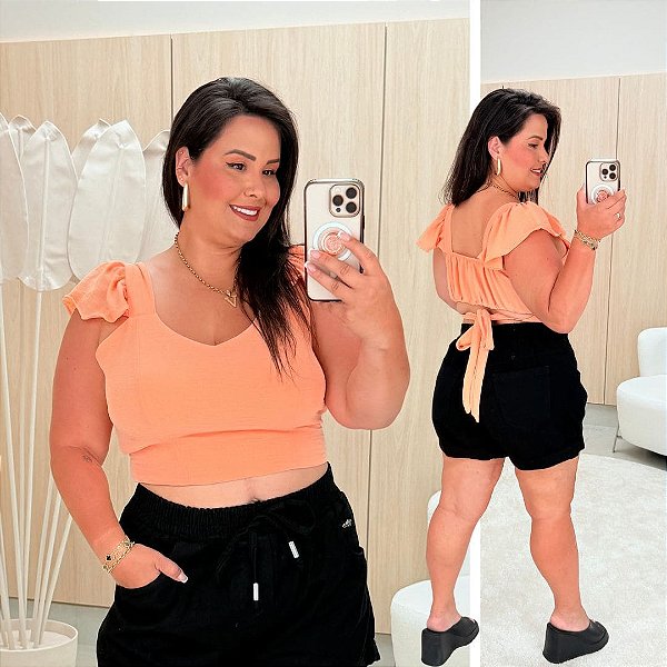 Cropped Alça Babado Laranja Plus Size