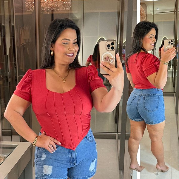 Blusa Corselet Manga Vermelha Plus Size