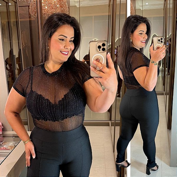 Body Tule Manga Curta Preto Brilho Plus Size