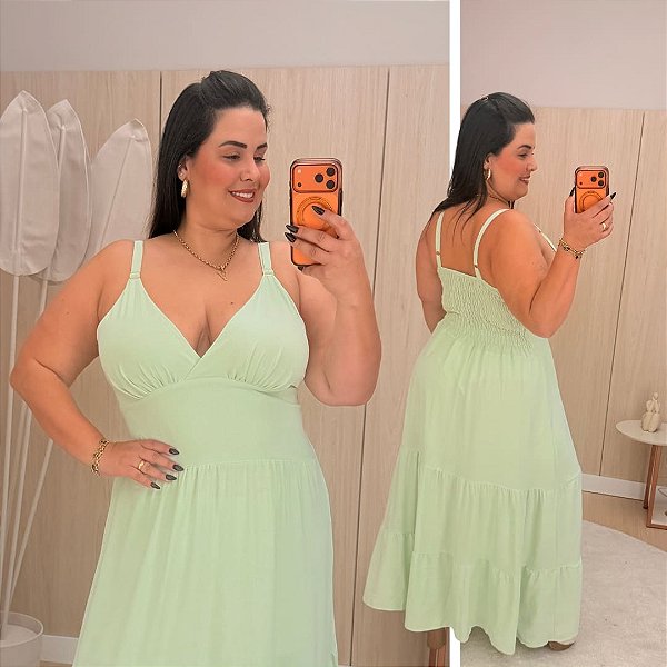 Vestido Alça Farm Liso Verde Água Plus Size