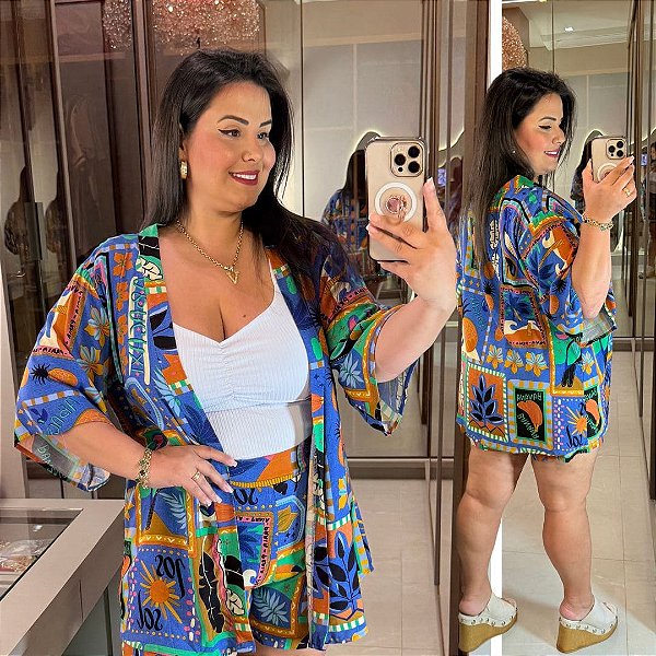 Conjunto Kimono Farm Tucano Verão Azul Plus Size