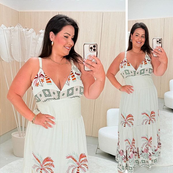 Vestido Alça Farm Verão Bege Plus Size