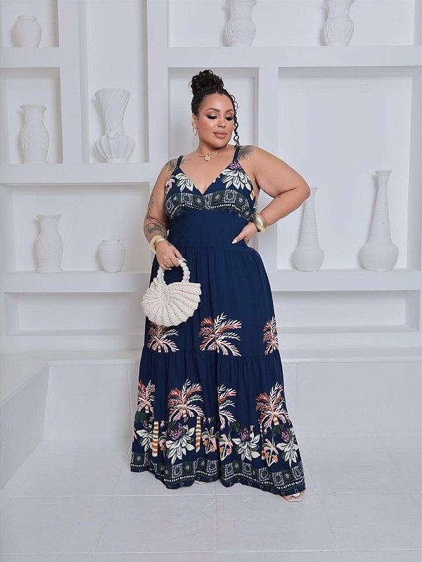 Vestido Alça Farm Verão Azul Marinho Plus Size