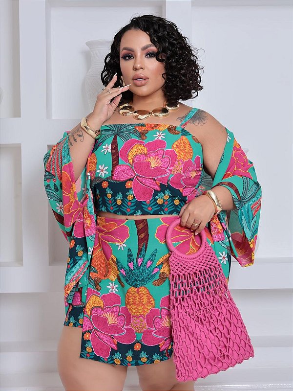 Trijunto Kimono Tropical Verde Plus Size