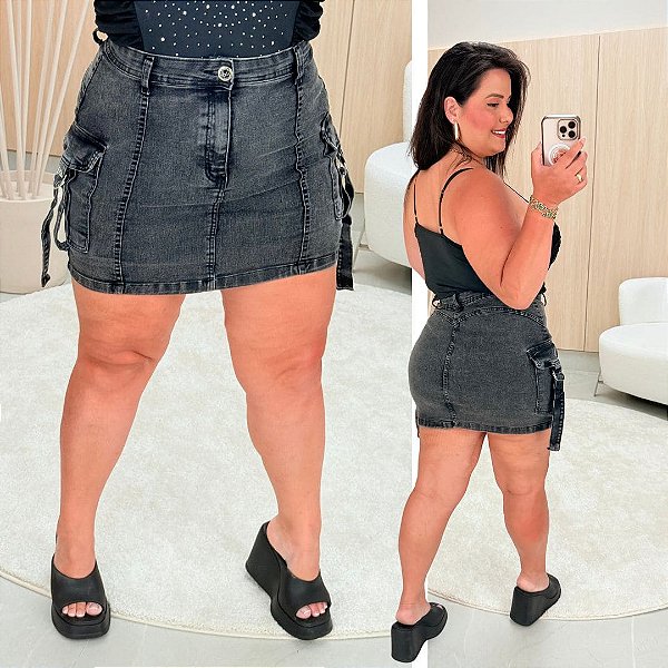 Saia Jeans Cargo FF Késia Preta Plus Size