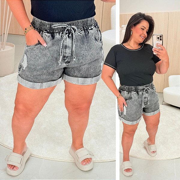 Short Jeans FF Nádia Chumbo Marmorizado Plus Size