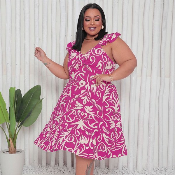Vestido Alça Mari Estampado Pink Plus Size