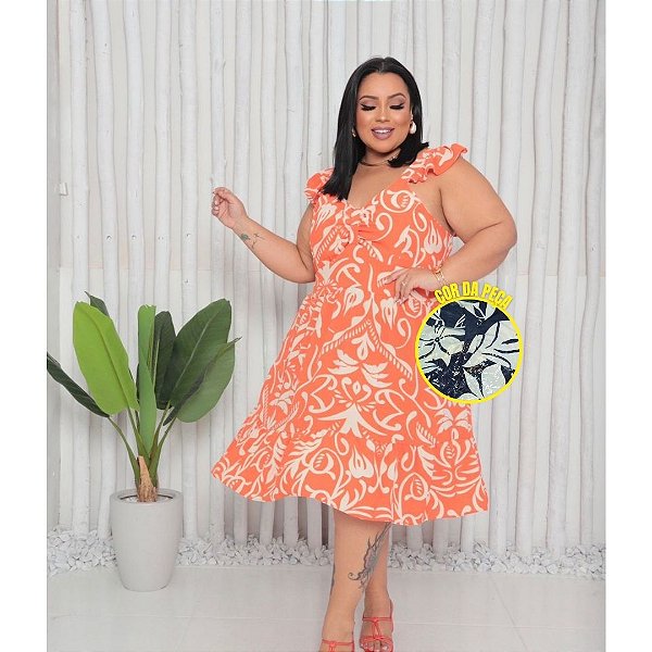 Vestido Alça Mari Estampado Azul Escuro Plus Size