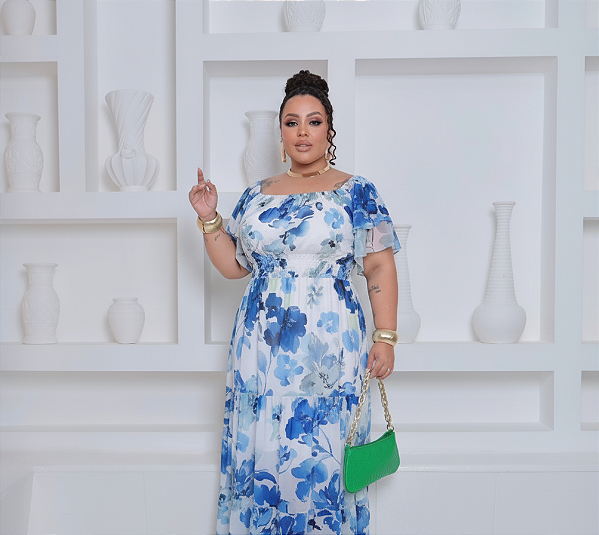 Vestido Ciganinha Tule Azul Plus Size