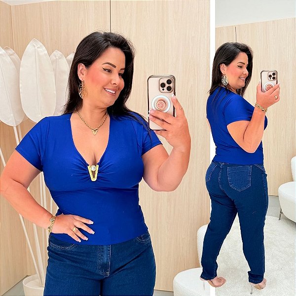 Cropped Pedra Dani Azul Royal Plus Size