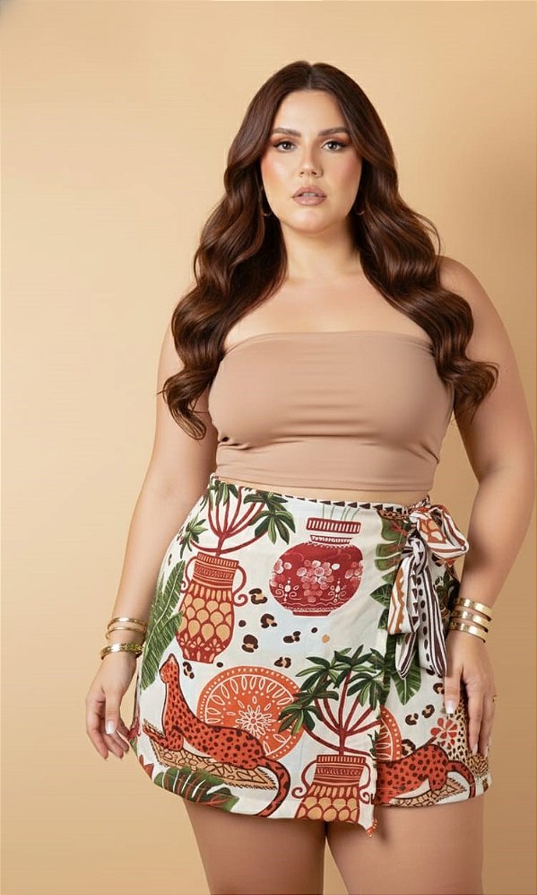 Short Saia Kate Bege Estampado Plus Size