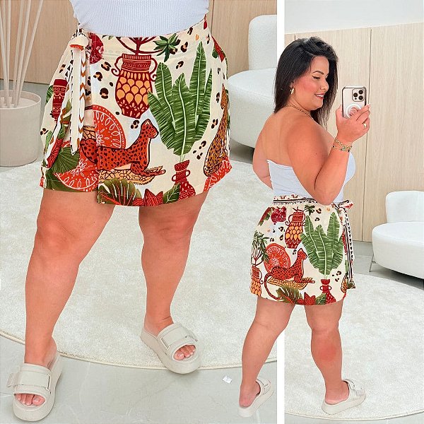 Short Saia Kate Bege Estampado Plus Size