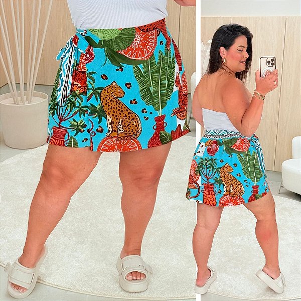 Short Saia Kate Azul Estampado Plus Size