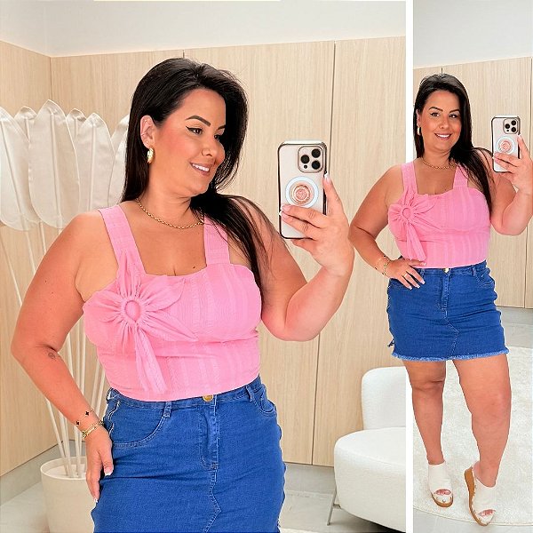 Cropped Alça Ribana Agnes Rosa BB Plus Size