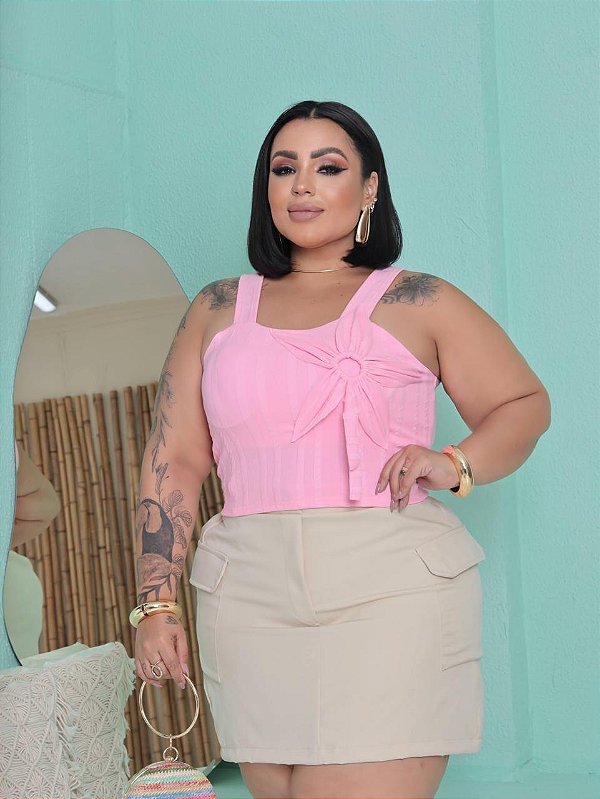 Cropped Alça Ribana Agnes Rosa BB Plus Size