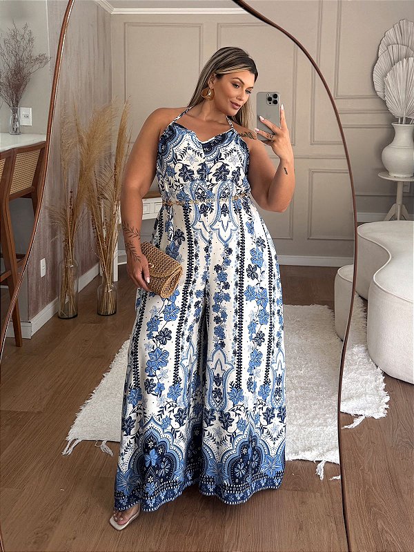 Macacão Farm Yandra Estampado Azul Plus Size