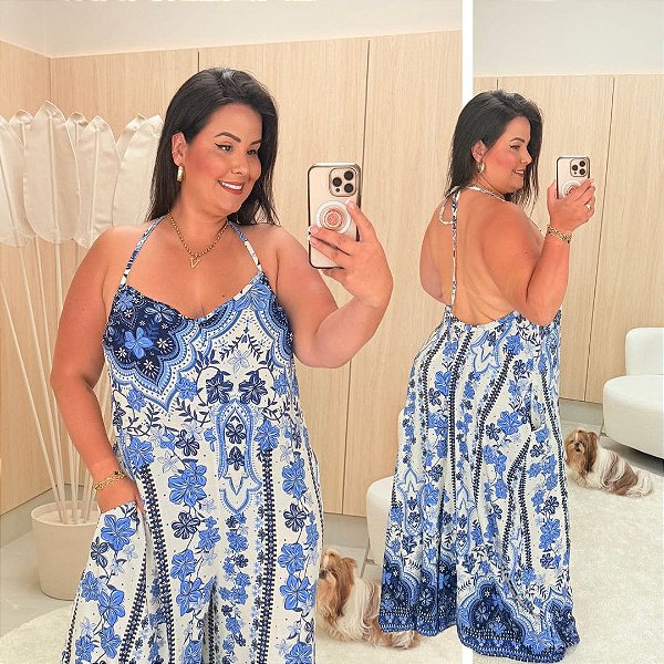 Macacão Farm Yandra Estampado Azul Plus Size