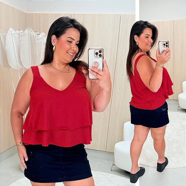 Blusa Regata Babado Lana Vermelha Plus Size