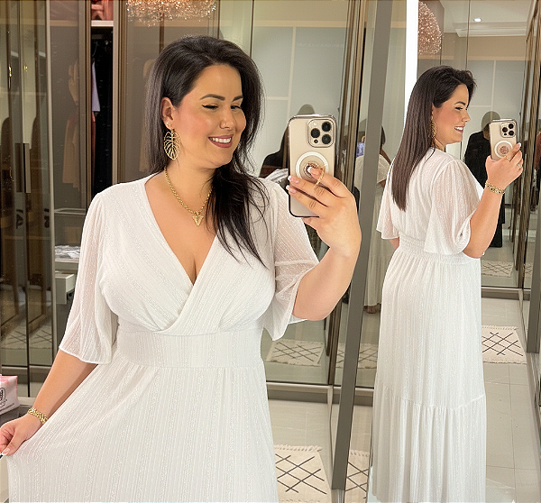 Vestido Tule Cruzado Branco Brilho Plus Size