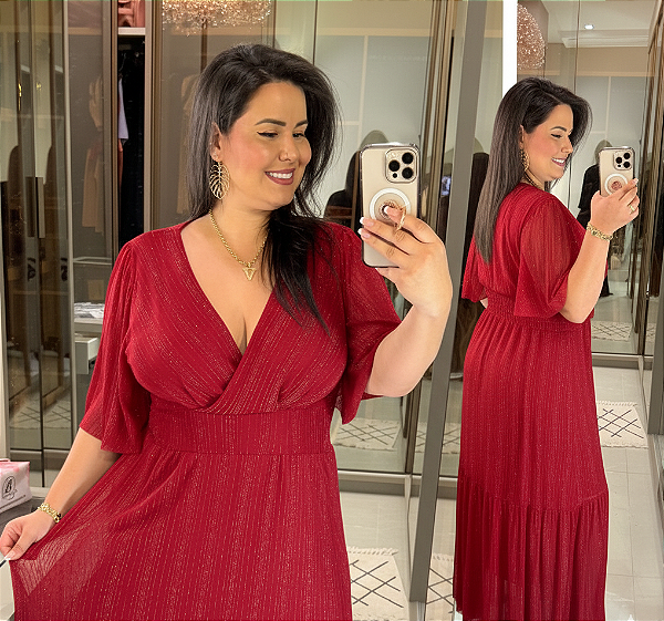 Vestido Tule Cruzado Vermelho Brilho Plus Size