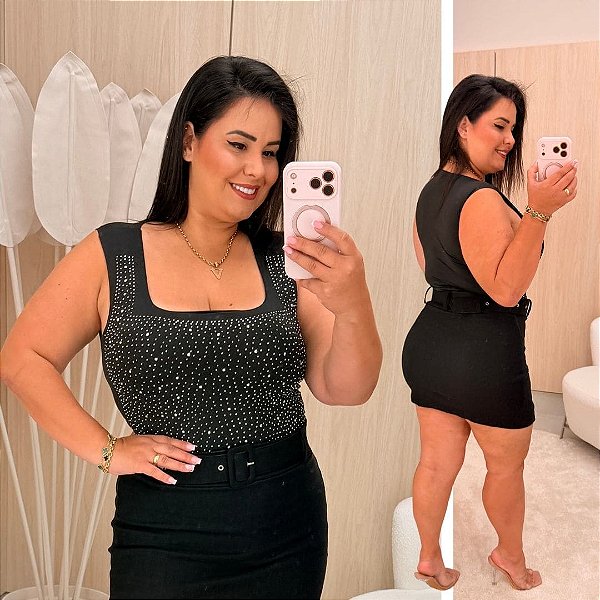 Body Alça Lia Brilho Preto Plus Size