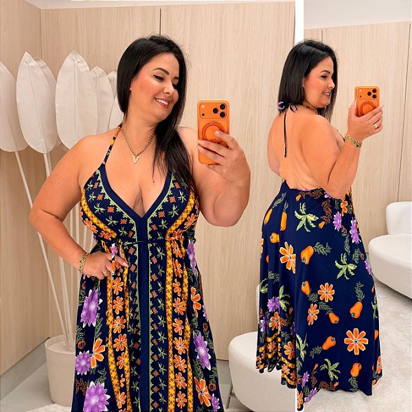 Vestido Lenço Adrieli Azul Estampado Plus Size