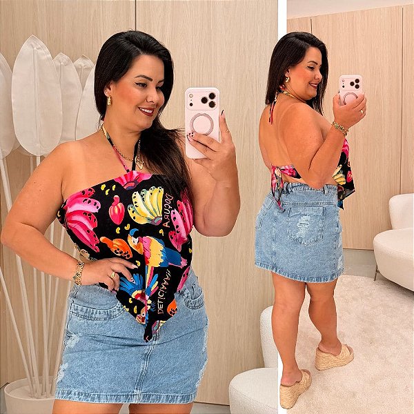 Cropped Lenço Julieta Preto Frutas Plus Size