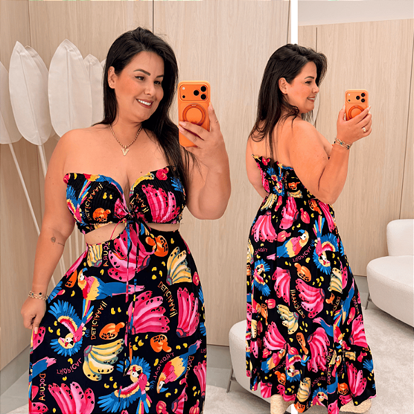 Vestido Longo Laura Preto e Rosa Plus Size
