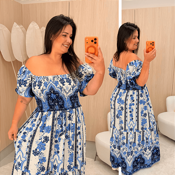 Vestido Elastex Paraty Estampado Azul Plus Size