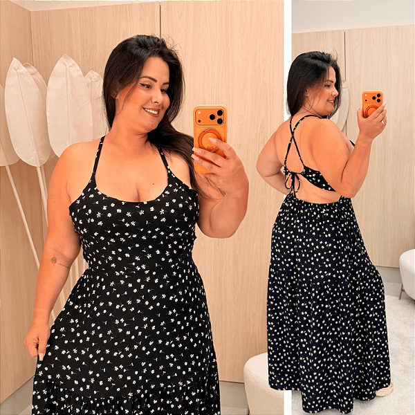Vestido Longo Isabela Preto Floral Plus Size