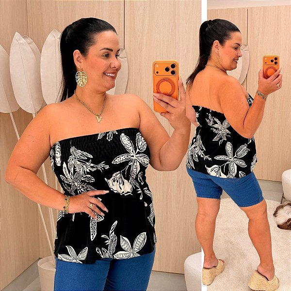 Blusa Elastex Sofia Preto Estampado Plus Size