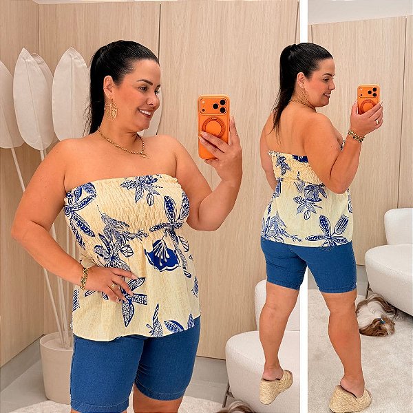 Blusa Elastex Sofia Bege Estampado Plus Size