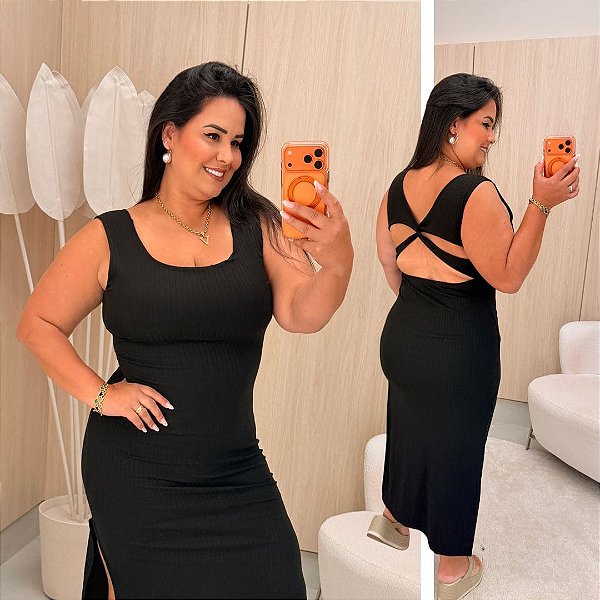 Vestido Mid Canelado Grazi Preto Plus Size