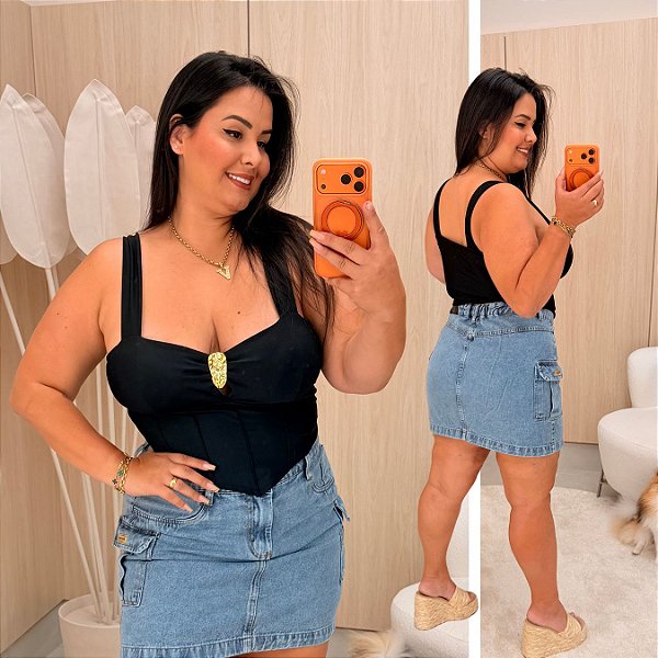 Cropped Bico Alça Natasha Preto Plus Size
